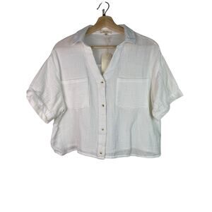 NWT Love Notes Women's Size L Gauzy White Cotton Boxy Button Up V-Neck Shirt